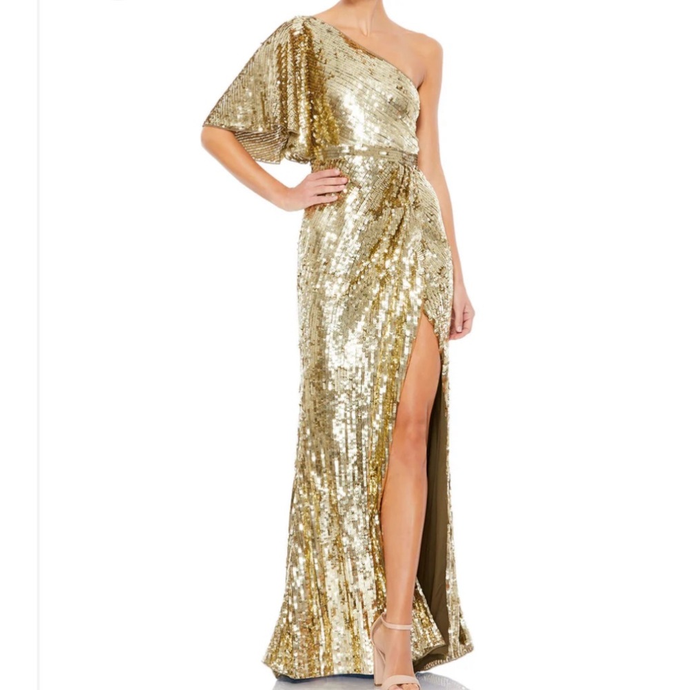 Mac Duggar Gold One-Shoulder Sequin Evening Gown Size 8